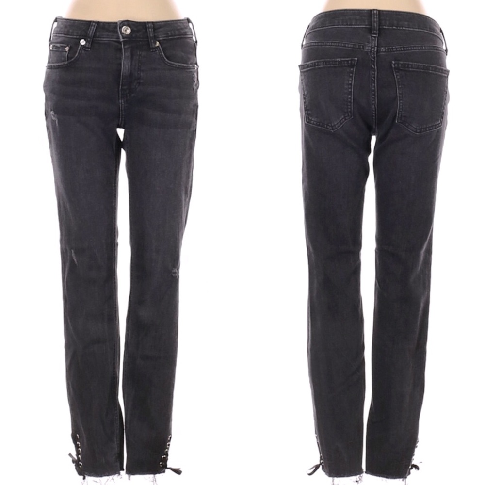 Zara Black Faded Straight Leg Mid Rise Jeans w/ Lace up Hem Size 4 NEW